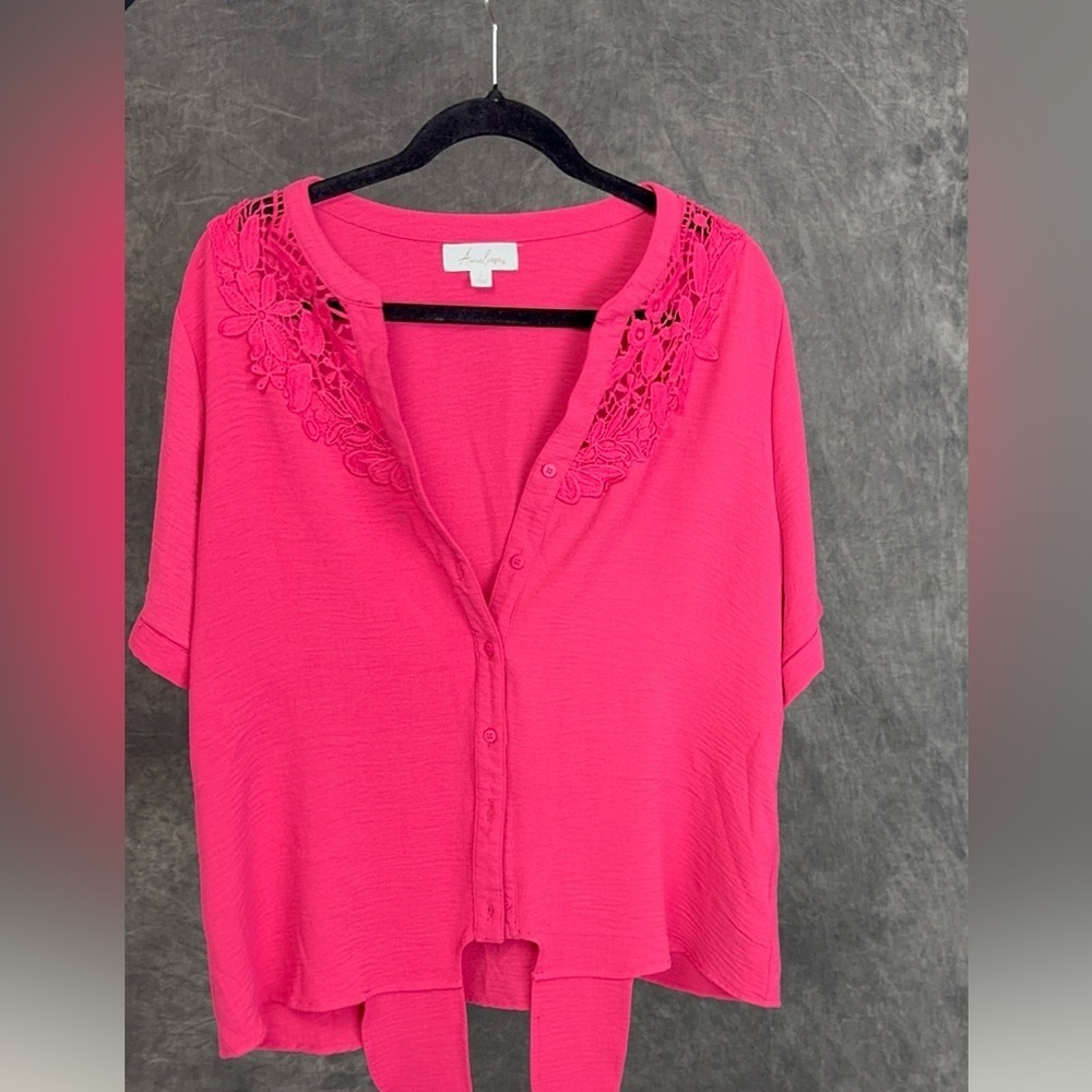 Anneleise Hot Pink Lace Yoke Tie-Front Top | Short Sleeve | Size L